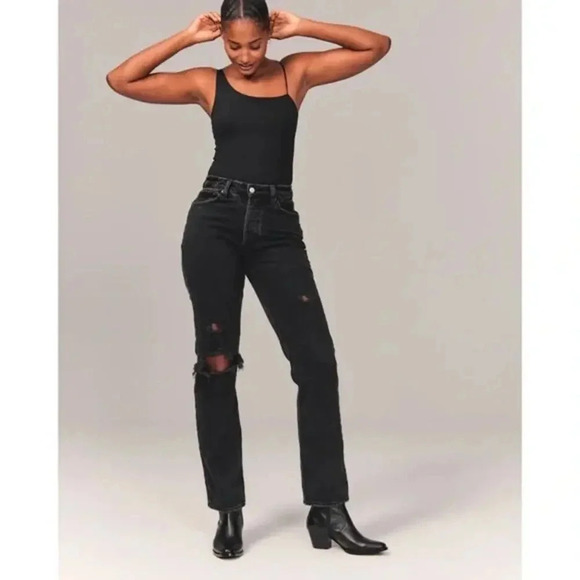 Abercrombie and Fitch Curve Love High Rise Dad Jeans Black Destroy Size 26 NWT - Picture 4 of 7